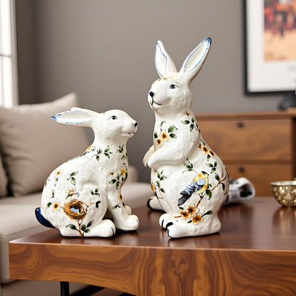 White Floral Rabbit Figurine  2 PC Set