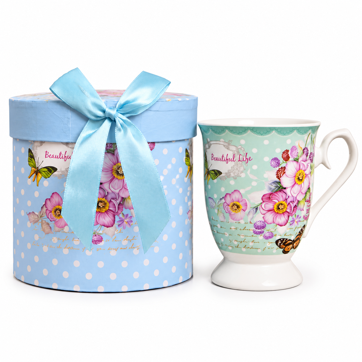 Mint Blossom Ceramic Mug with Round Gift Box