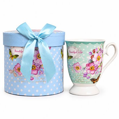 Mint Blossom Ceramic Mug with Round Gift Box