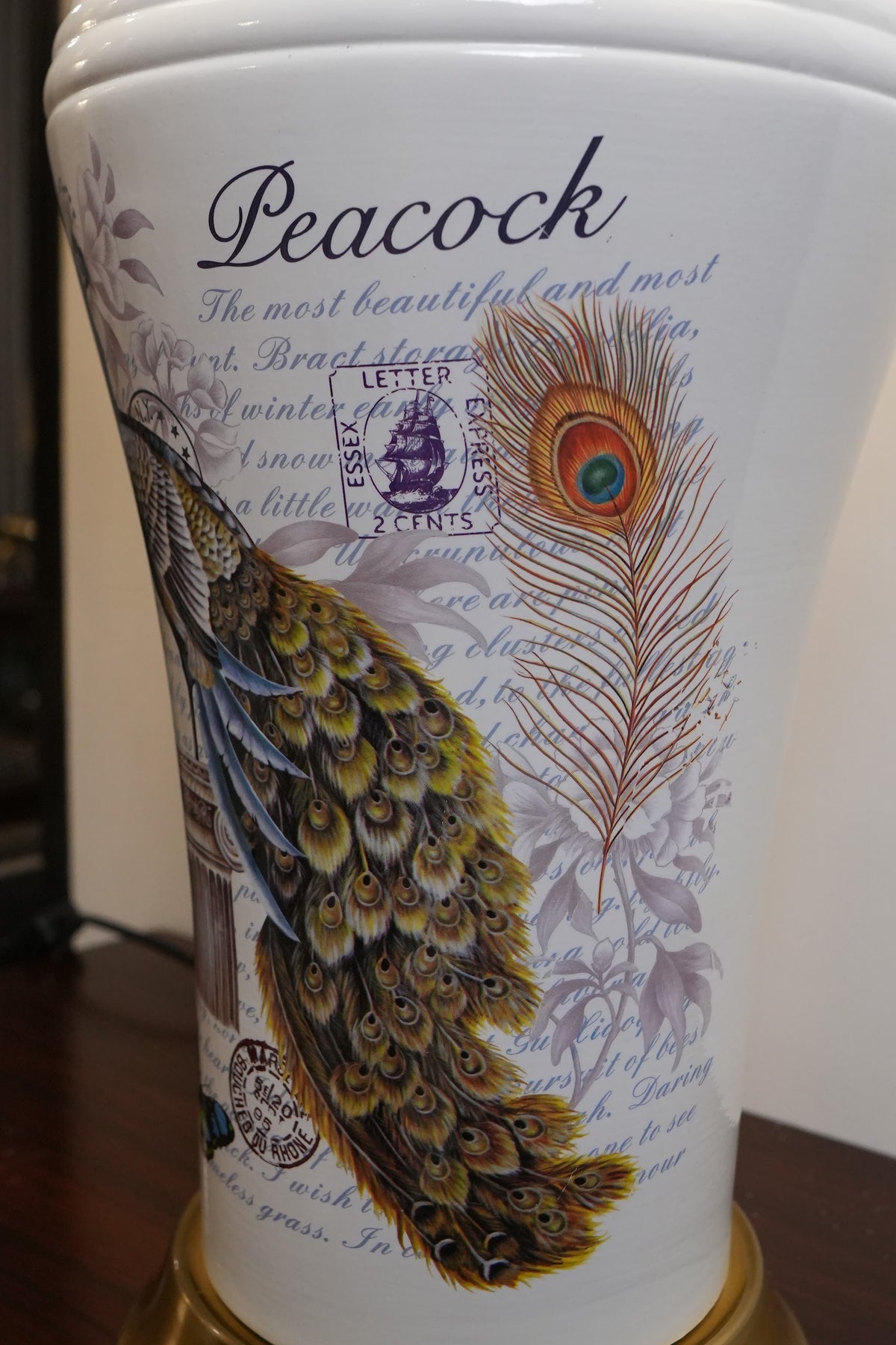 White Peacock Vintage Script Ceramic Table Lamp
