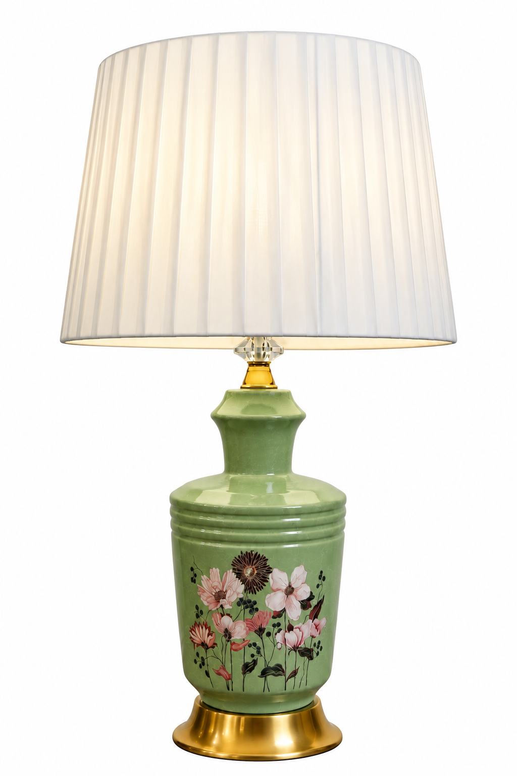 Sage Green Blossom Ceramic Table Lamp with Gold Base