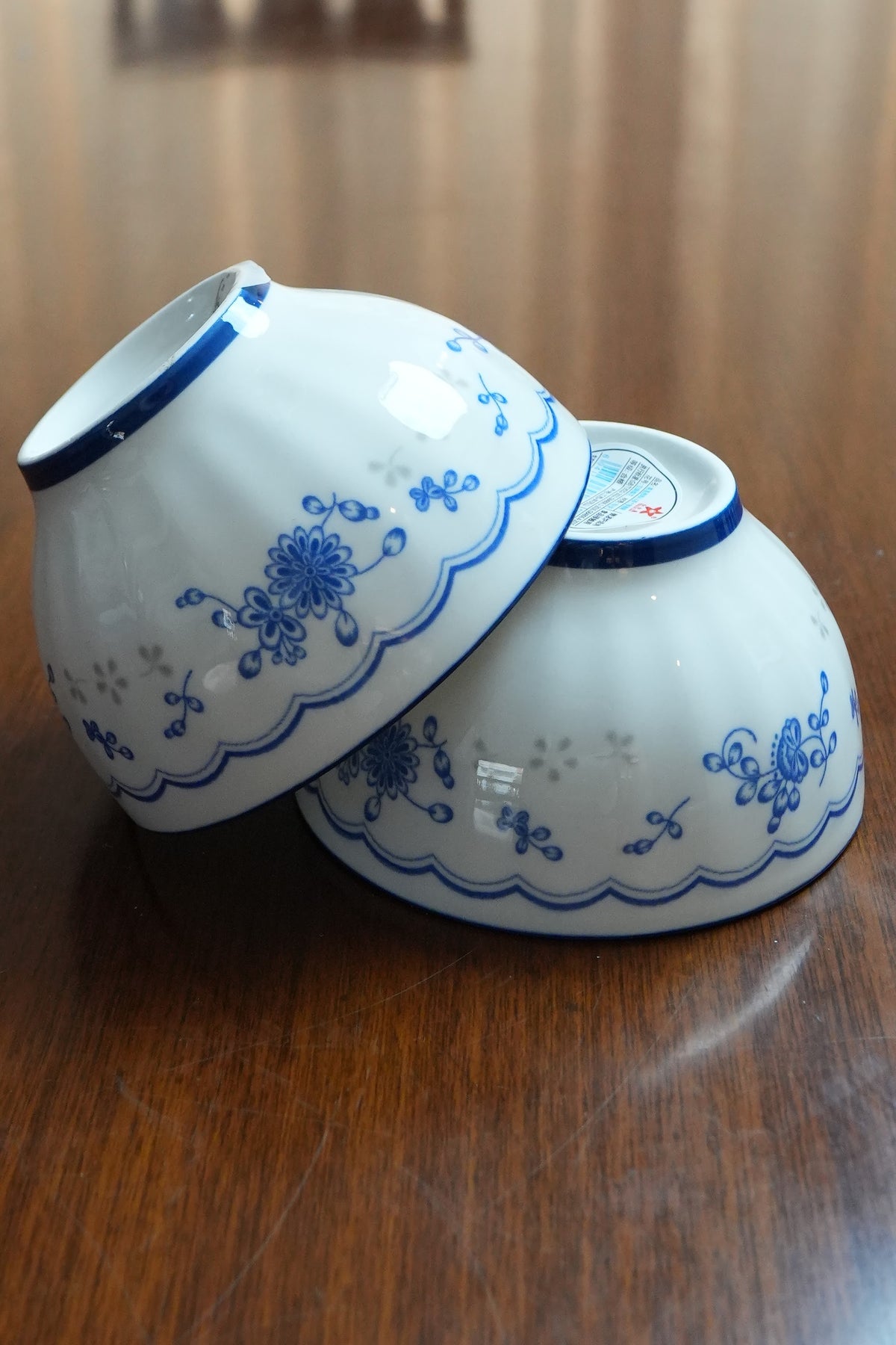 Blue Sprig Scalloped Ceramic Rice Bowl Set of 2
