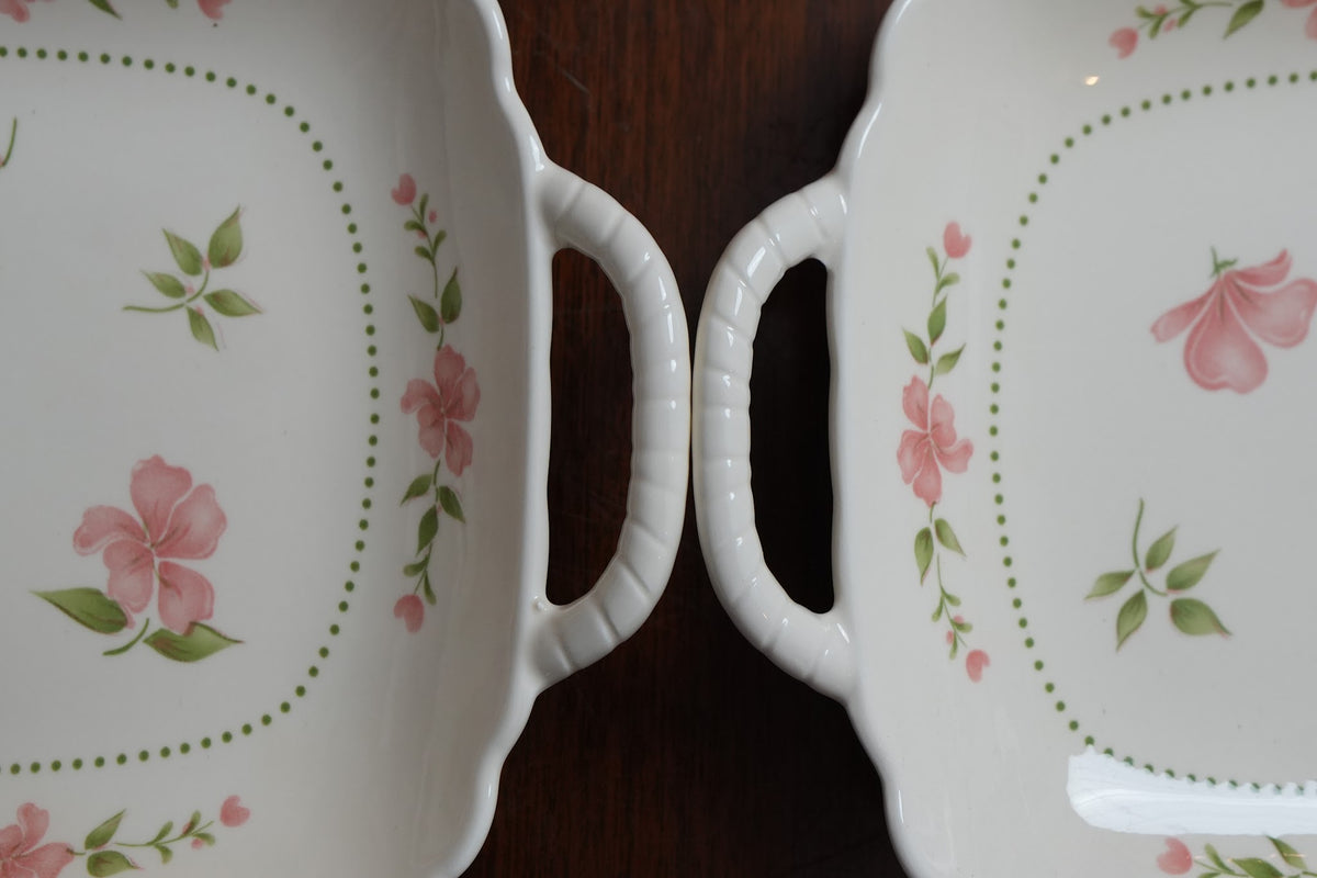 Blush Blossom Ceramic Rectangular Platter with Handles Set of 2