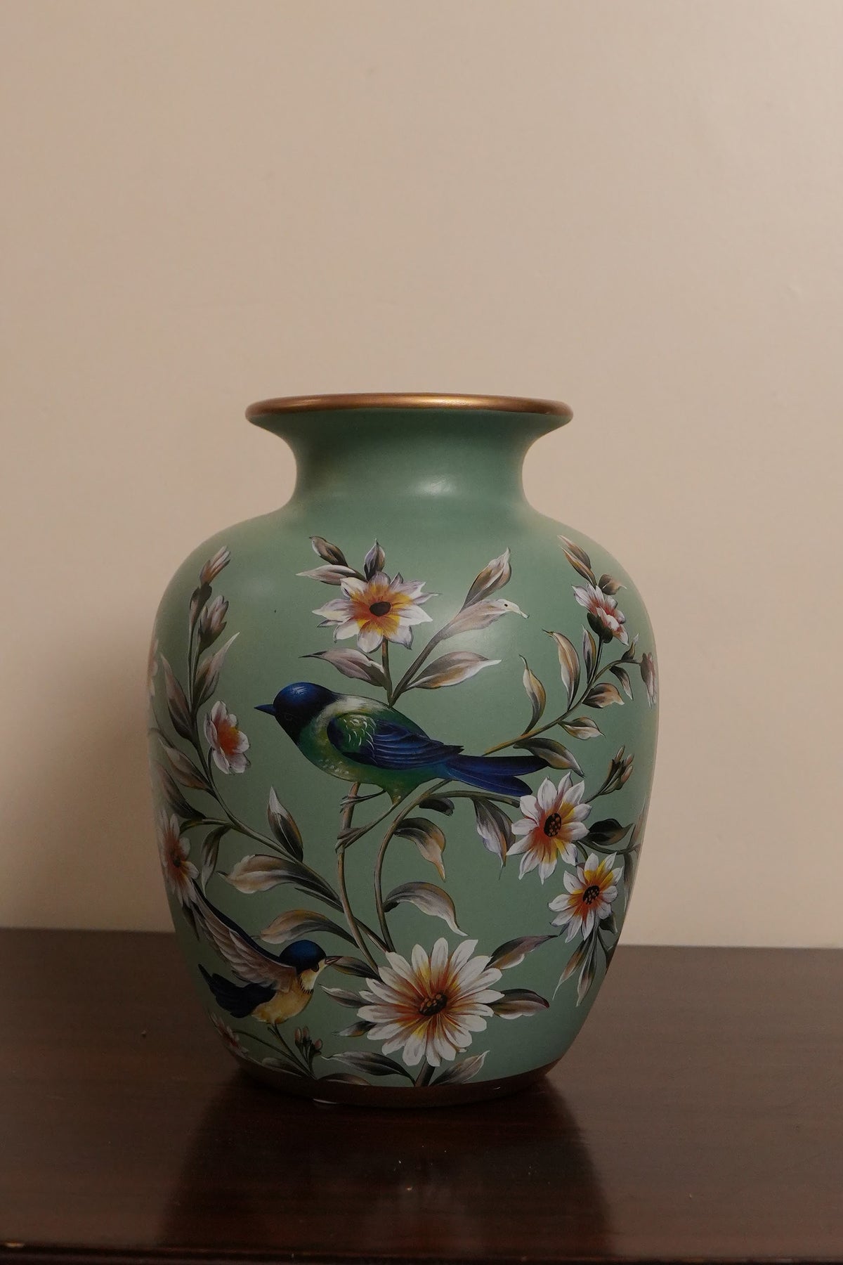 Sage Green Bird & Blossom Rounded Ceramic Vase