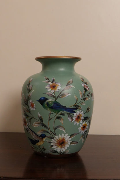 Sage Green Bird & Blossom Rounded Ceramic Vase