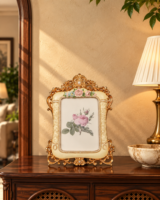 Cream & Gold Baroque Photo Frame with Pearl Crest