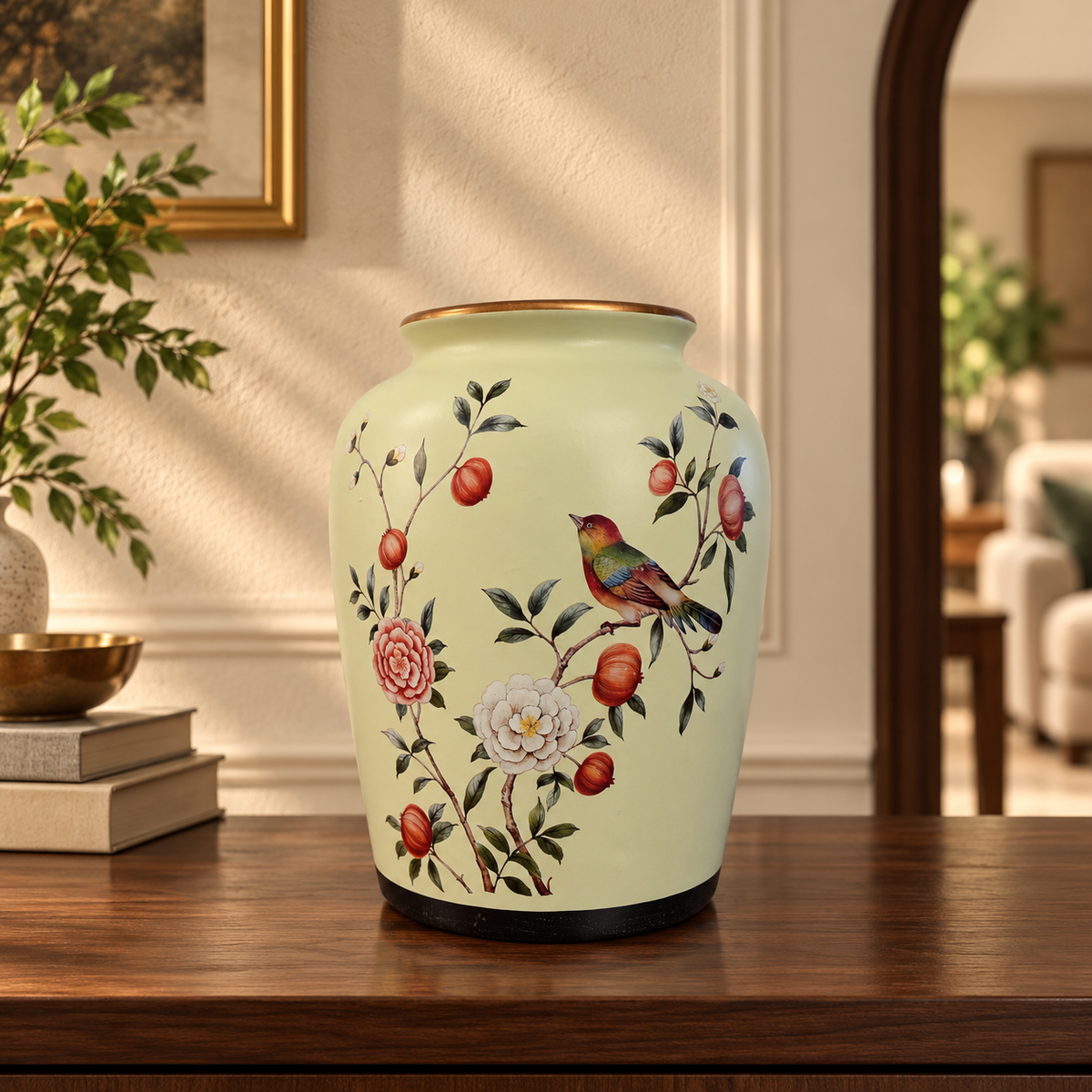 Cream Pomegranate & Bird Wide-Mouth Ceramic Vase