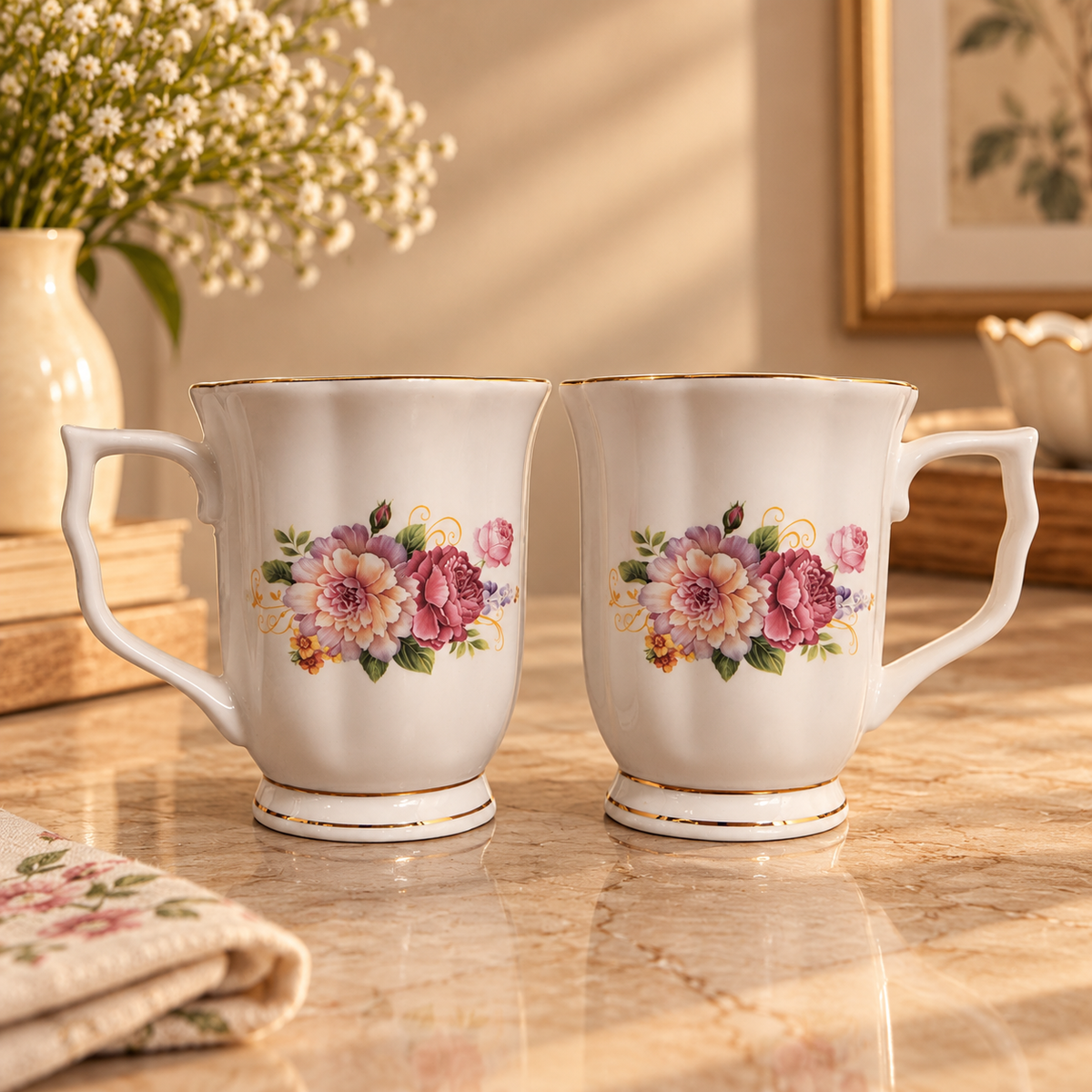 Rose Bouquet Gold Rim Ceramic Mug (Set of 2)