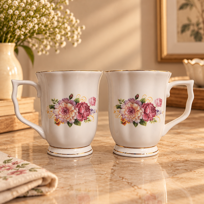 Rose Bouquet Gold Rim Ceramic Mug (Set of 2)