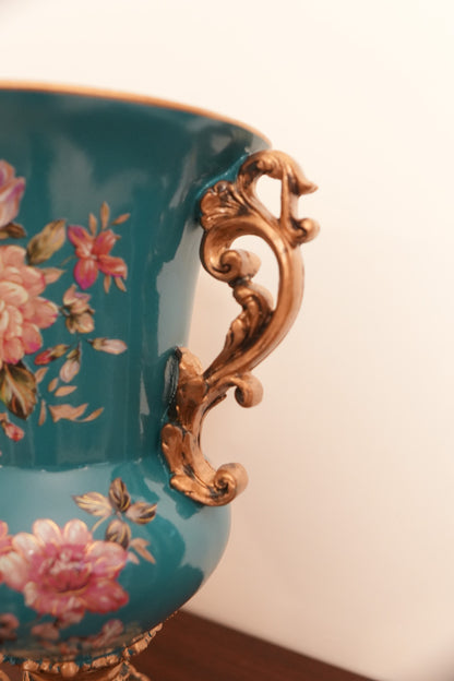 Teal Peony Ceramic Trumpet Vase with Gold Handles & Pedestal