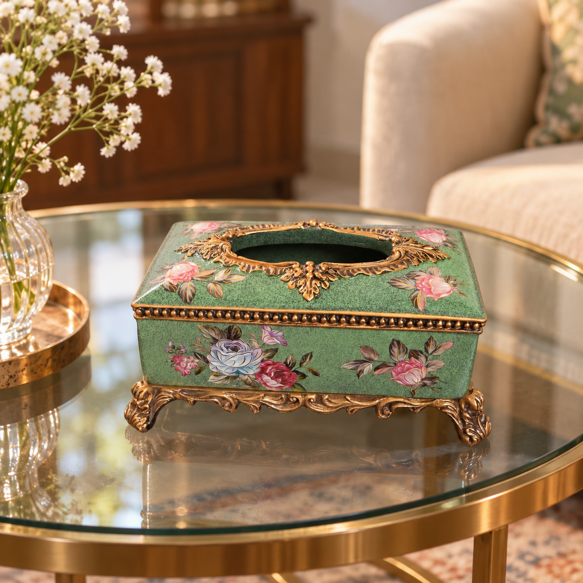 Sage Green Rose Ceramic Tissue Box with Gold Baroque Base