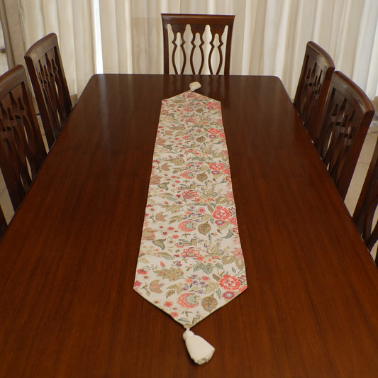 Coral Floral Print Table Runner with Tassels (Long)