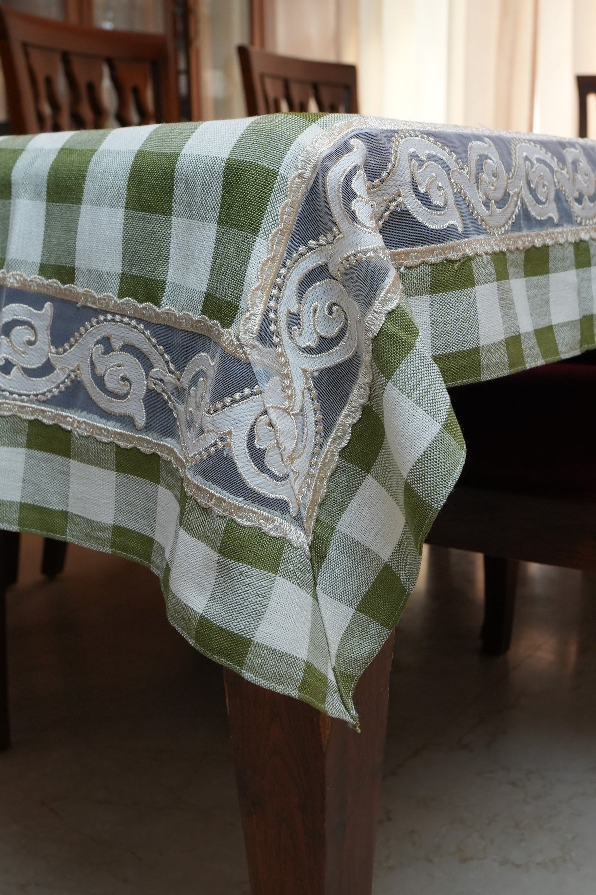 Olive Green Gingham Check Table Sheet with Scroll Lace Panel (6 Seater)