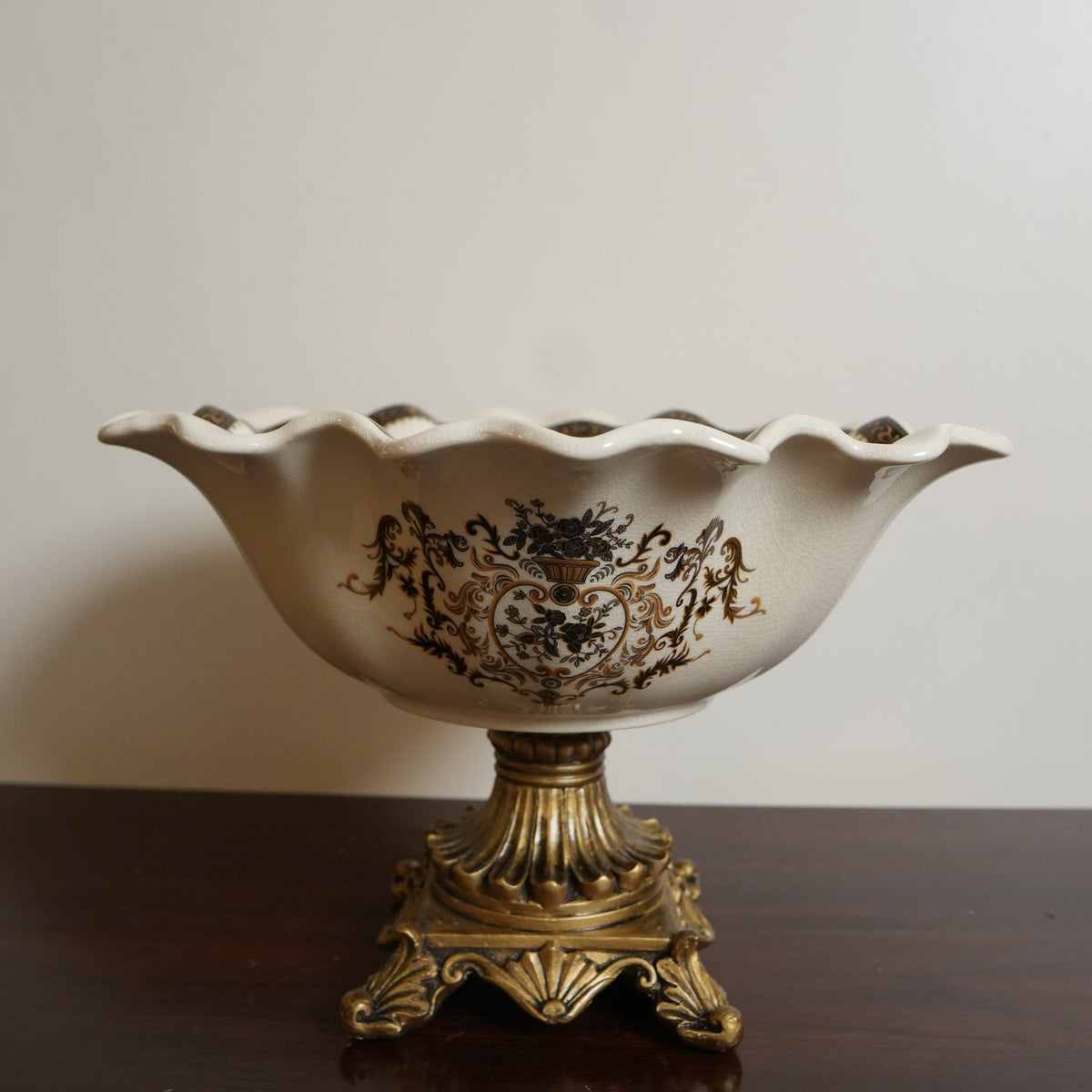 Ivory Baroque Ceramic Fluted Centerpiece Bowl with Gold Pedestal