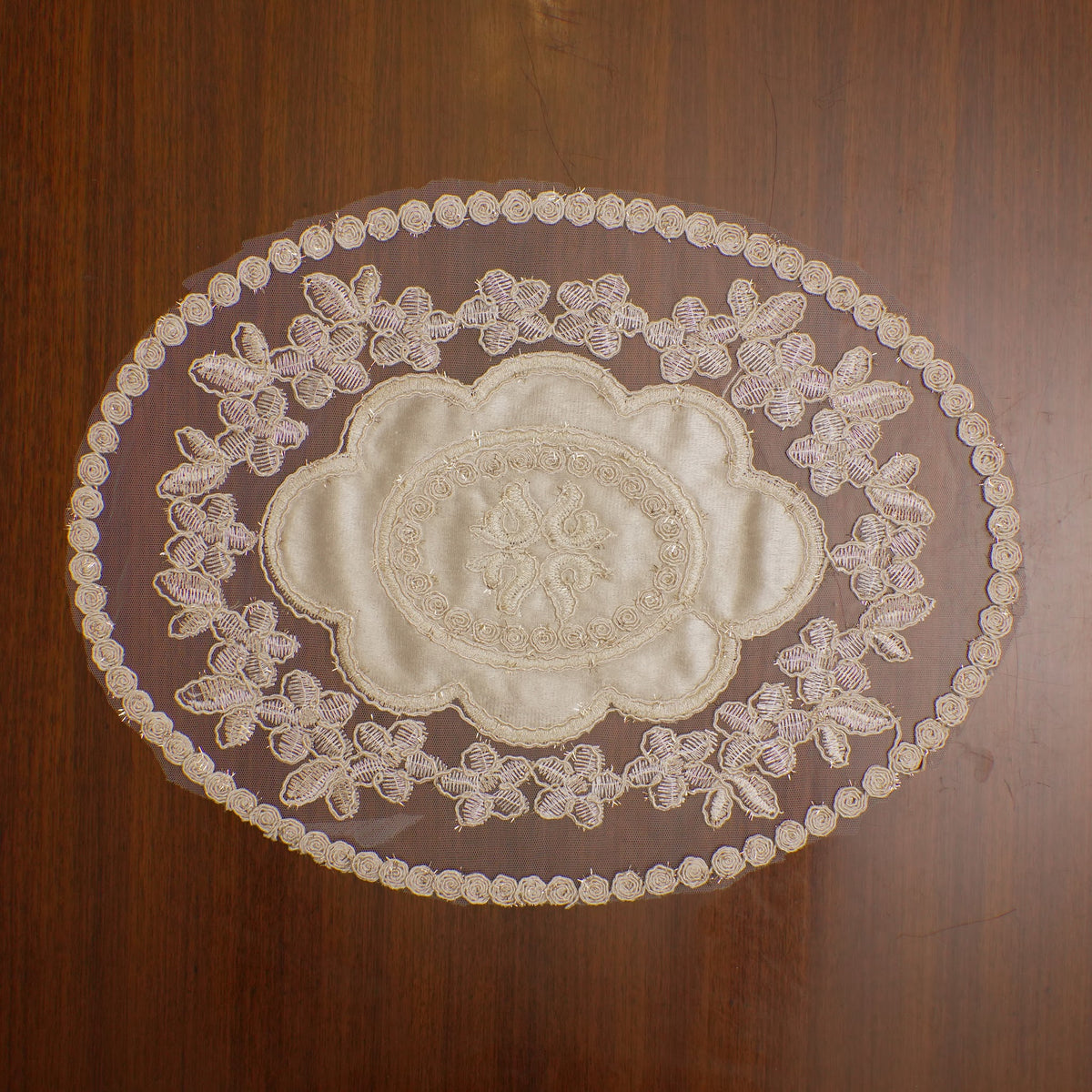 Champagne Satin Centre Floral Lace Oval Table Mat (Set of 2)