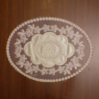 Champagne Satin Centre Floral Lace Oval Table Mat (Set of 2)