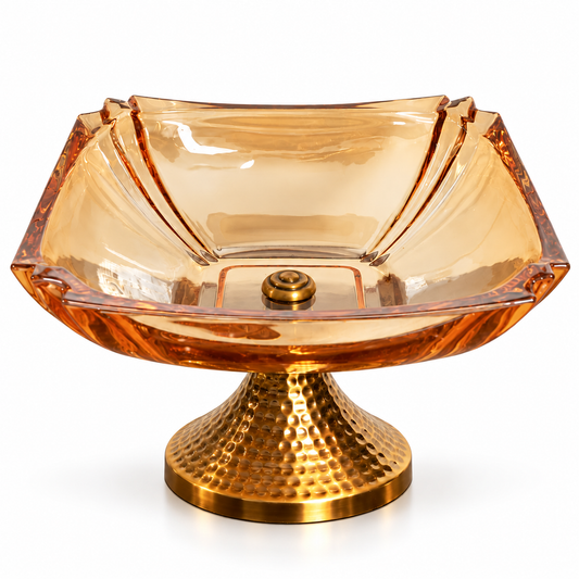 Amber Glass Square Pedestal Bowl with Hammered Gold Stand
