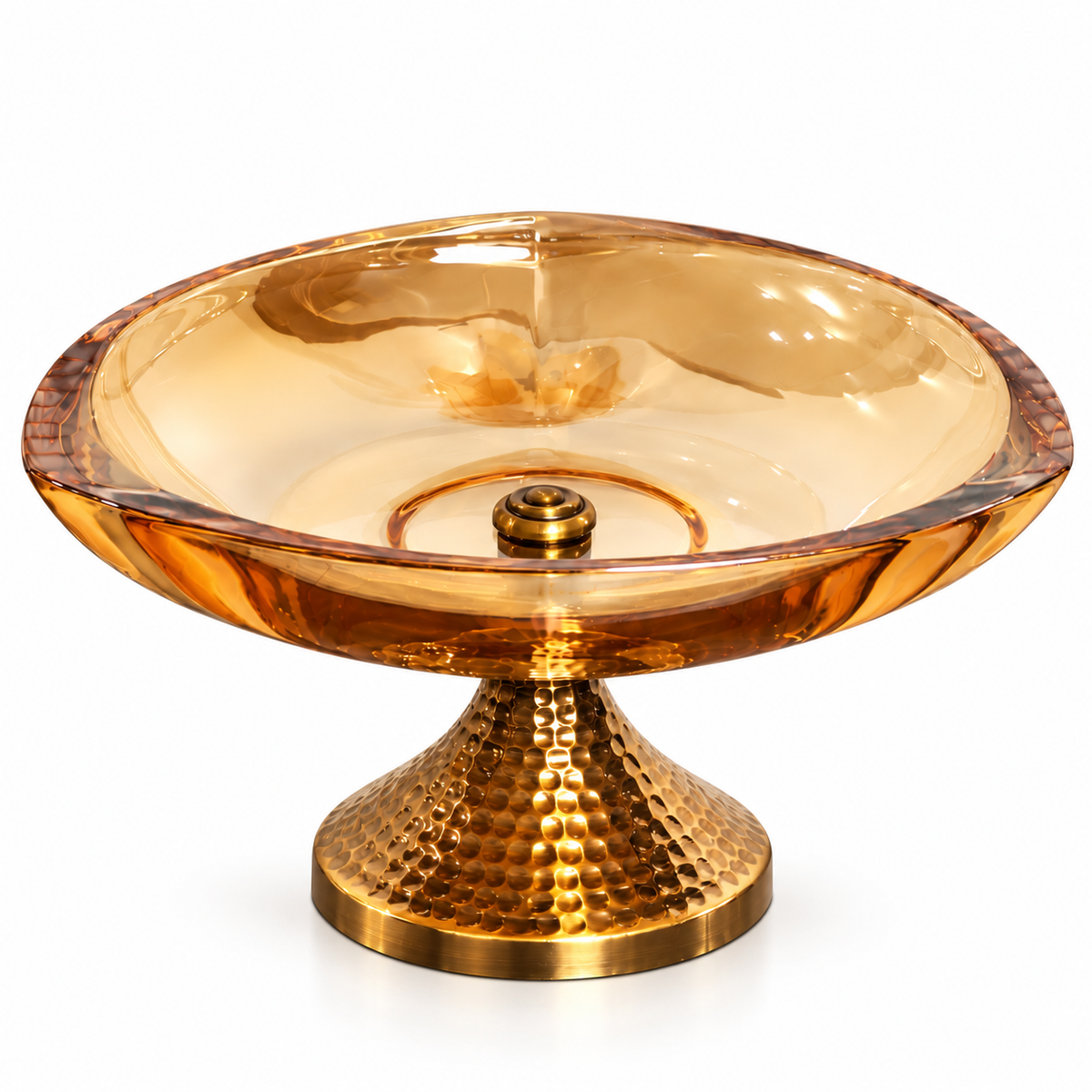 Amber Glass Round Pedestal Bowl with Hammered Gold Stand