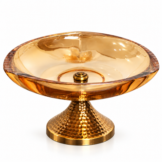 Amber Glass Round Pedestal Bowl with Hammered Gold Stand