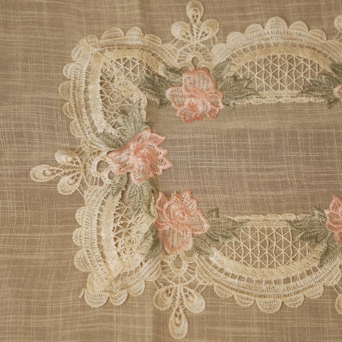 Close-up of the lace centre panel with pink roses