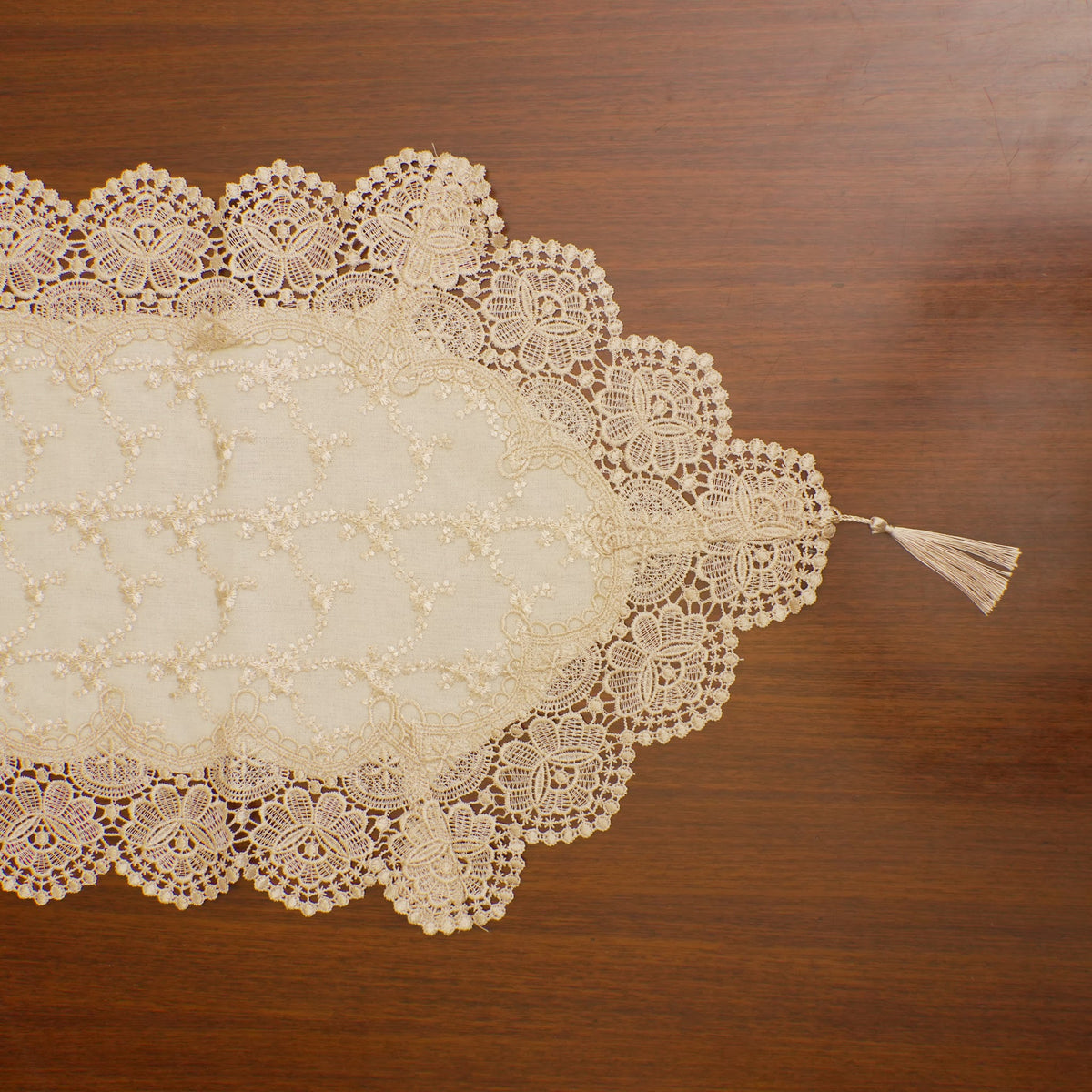 Gold Floral Embroidered Lace Border Table Runner (Long)