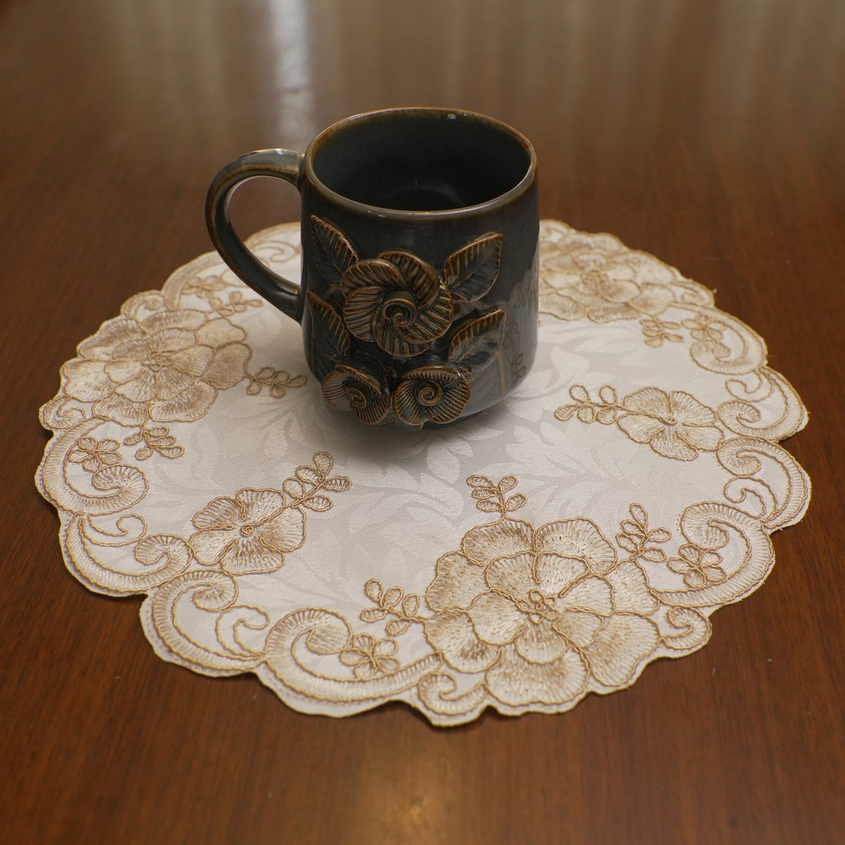 White & Gold Floral Embroidered Cutwork Round Table Mat (Set of 2)