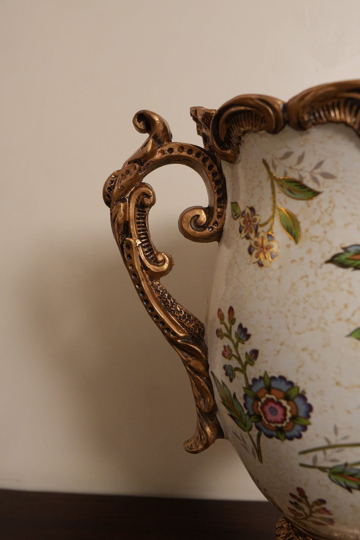 Ivory Floral Ceramic Trophy Vase with Ornate Gold Rim & Handles