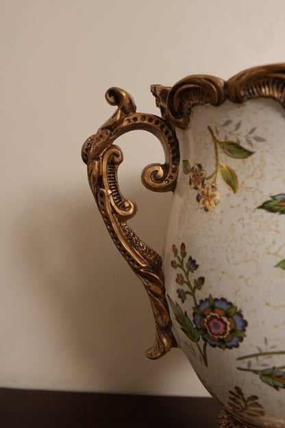 Ivory Floral Ceramic Trophy Vase with Ornate Gold Rim & Handles