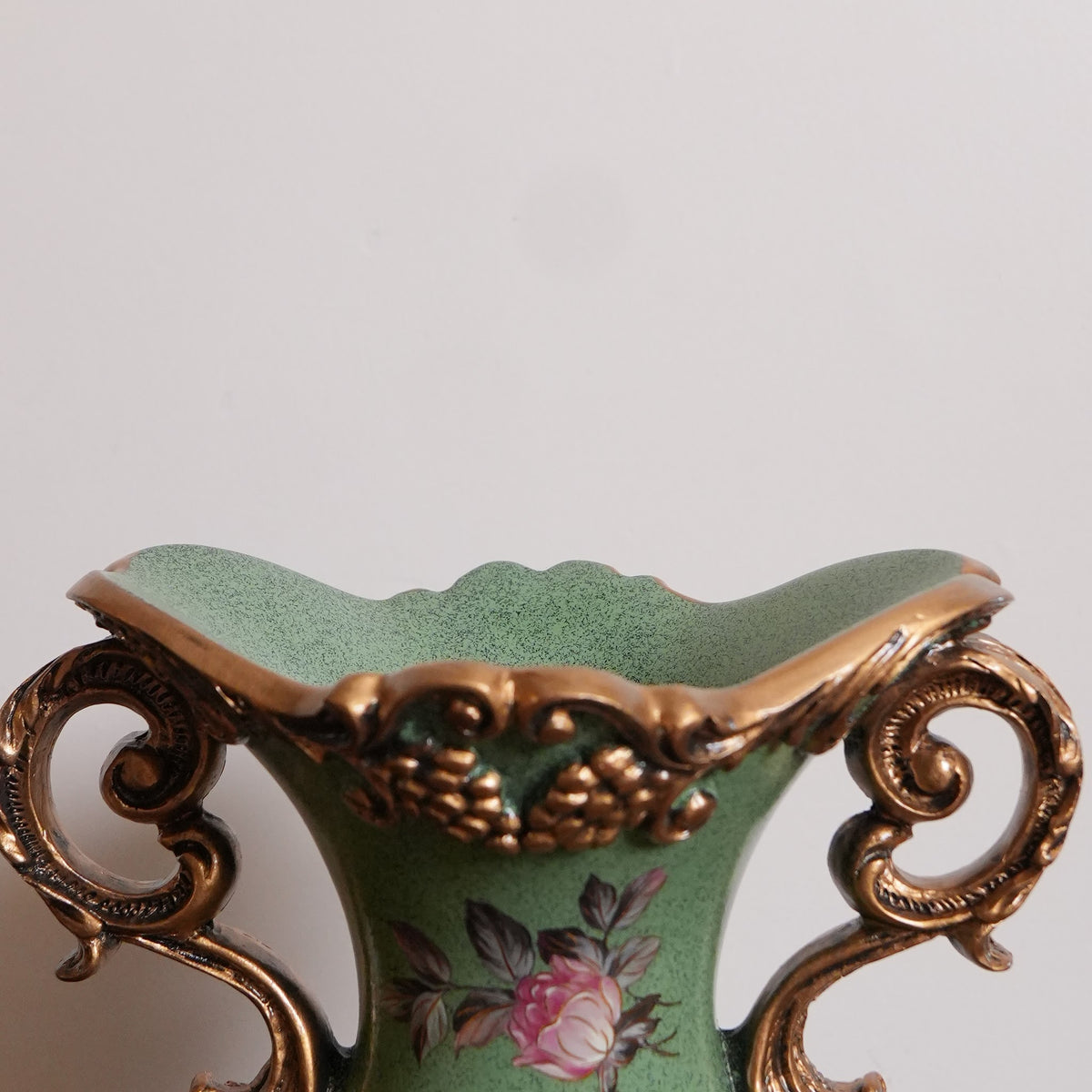 Sage Green Rose Ceramic Vase with Ornate Gold Rim, Handles & Pedestal