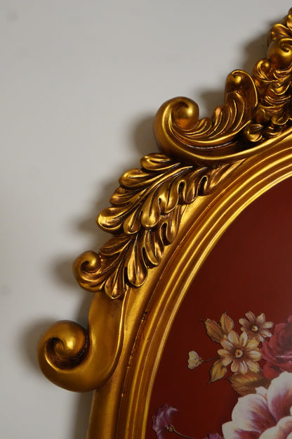 Burgundy Floral Oval Wall Plaque with Gold Baroque Frame