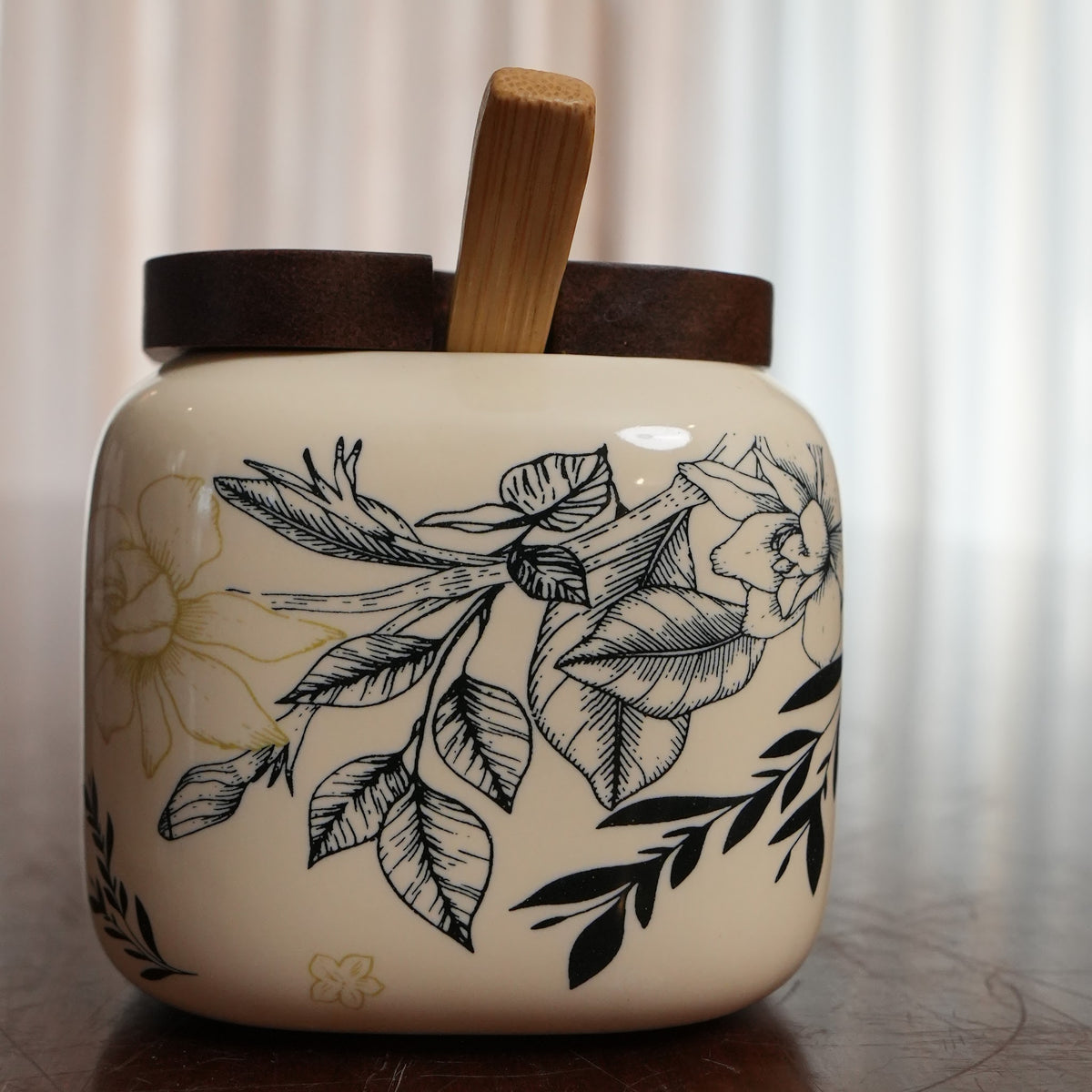 Ink Botanical Ceramic Pickle Jar Set with Wooden Lids, Spoons & Tray (Set of 3)