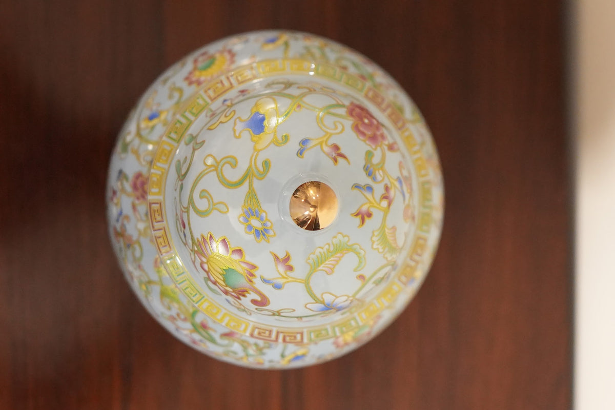 Ivory Lotus Ceramic Ginger Jar with Gold Greek Key