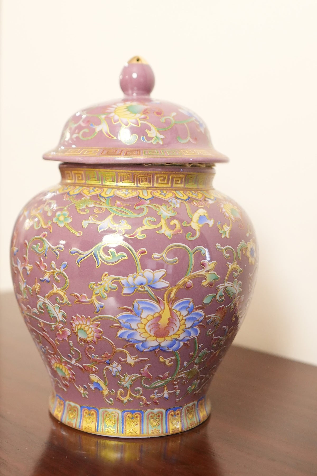 Rose Pink Lotus Ceramic Ginger Jar with Gold Greek Key