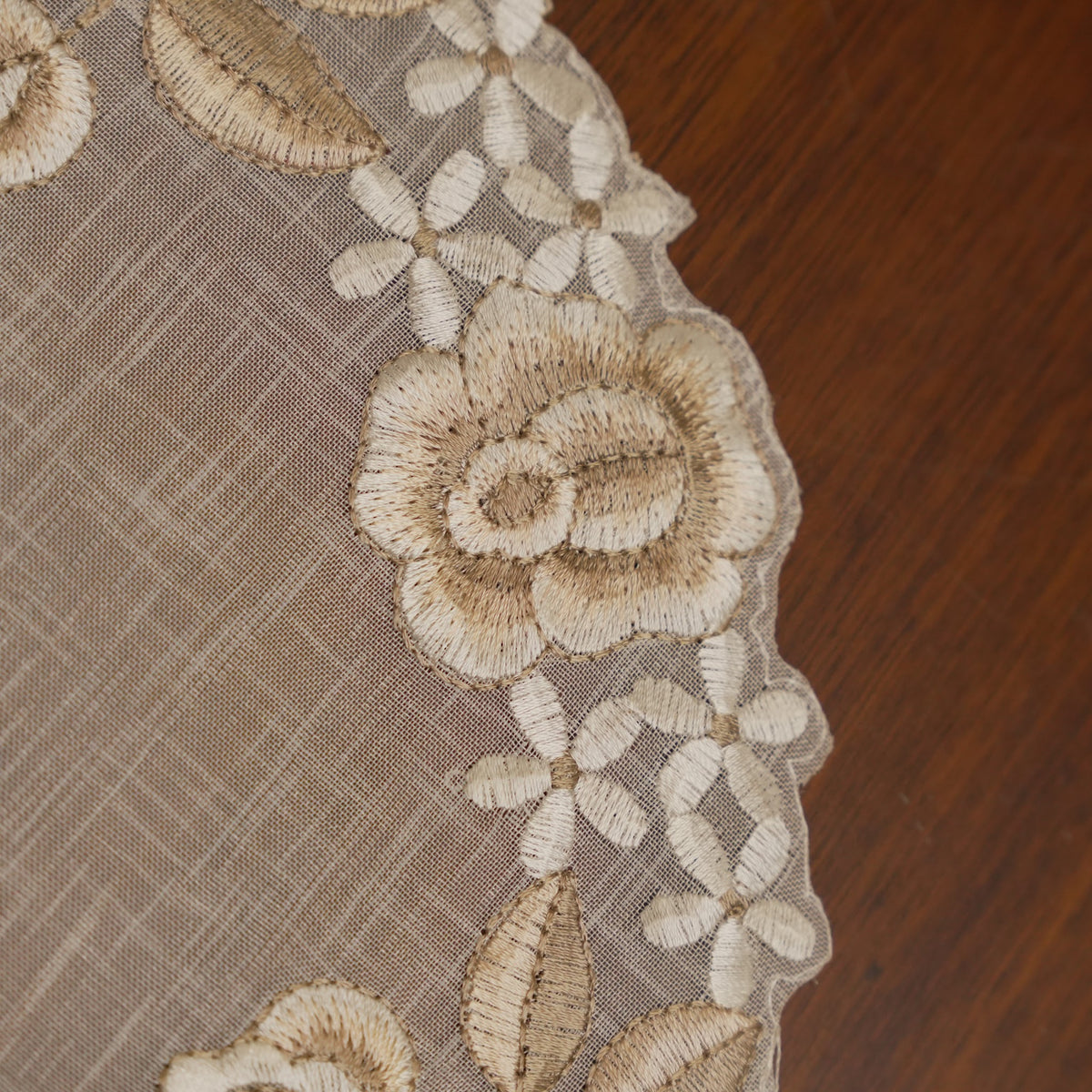 Beige Sheer Rose Embroidered Round Table Mat (Set of 2)