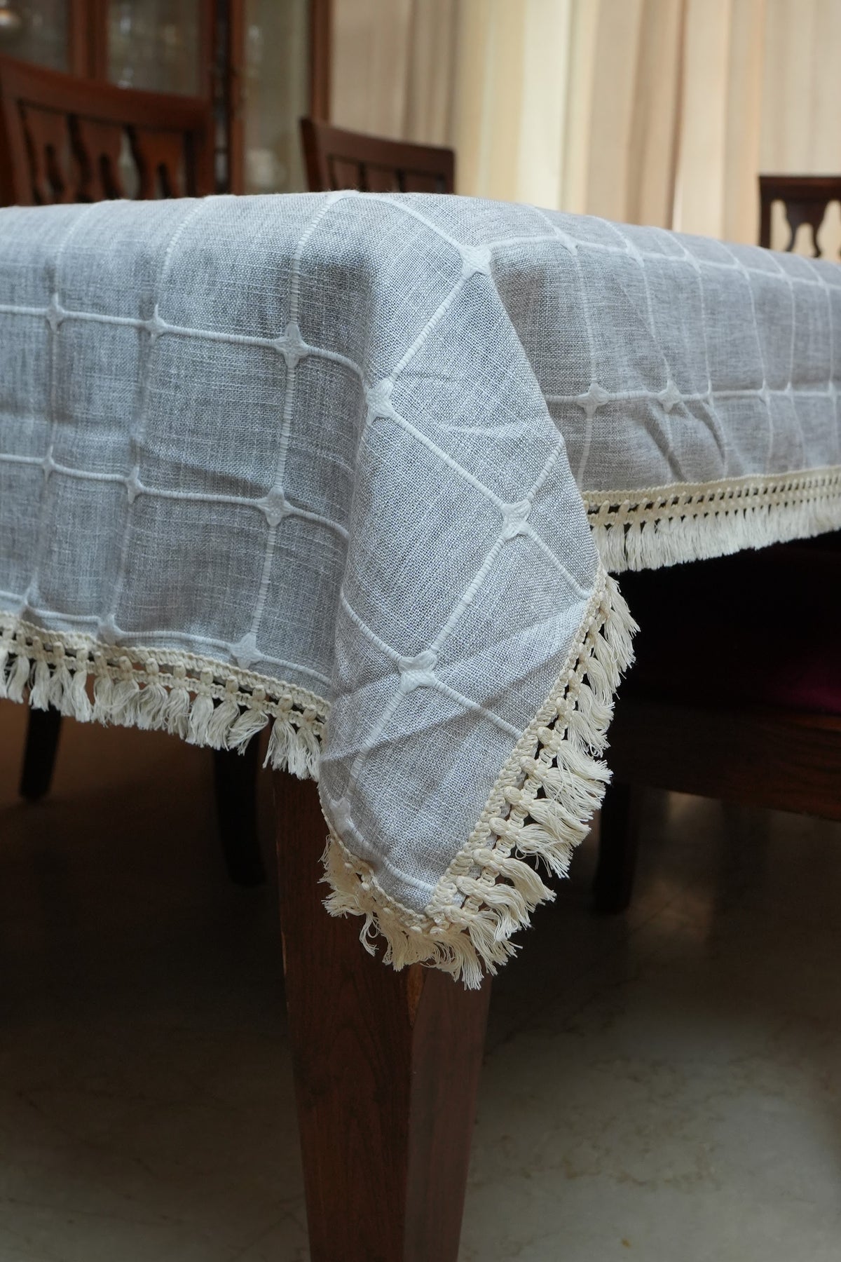 Blue Grey Windowpane Check Table Cloth with Tassel Fringe (6 Seater)