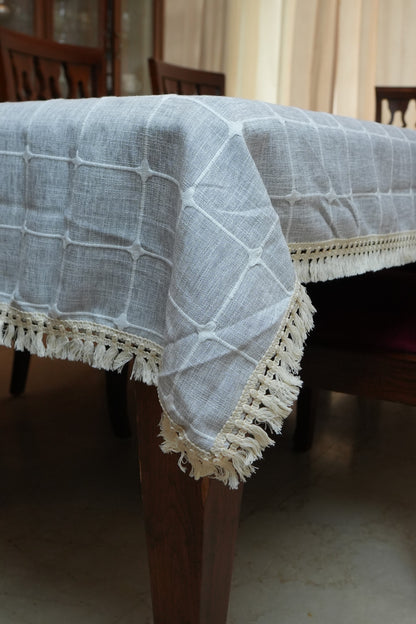 Blue Grey Windowpane Check Table Cloth with Tassel Fringe (6 Seater)