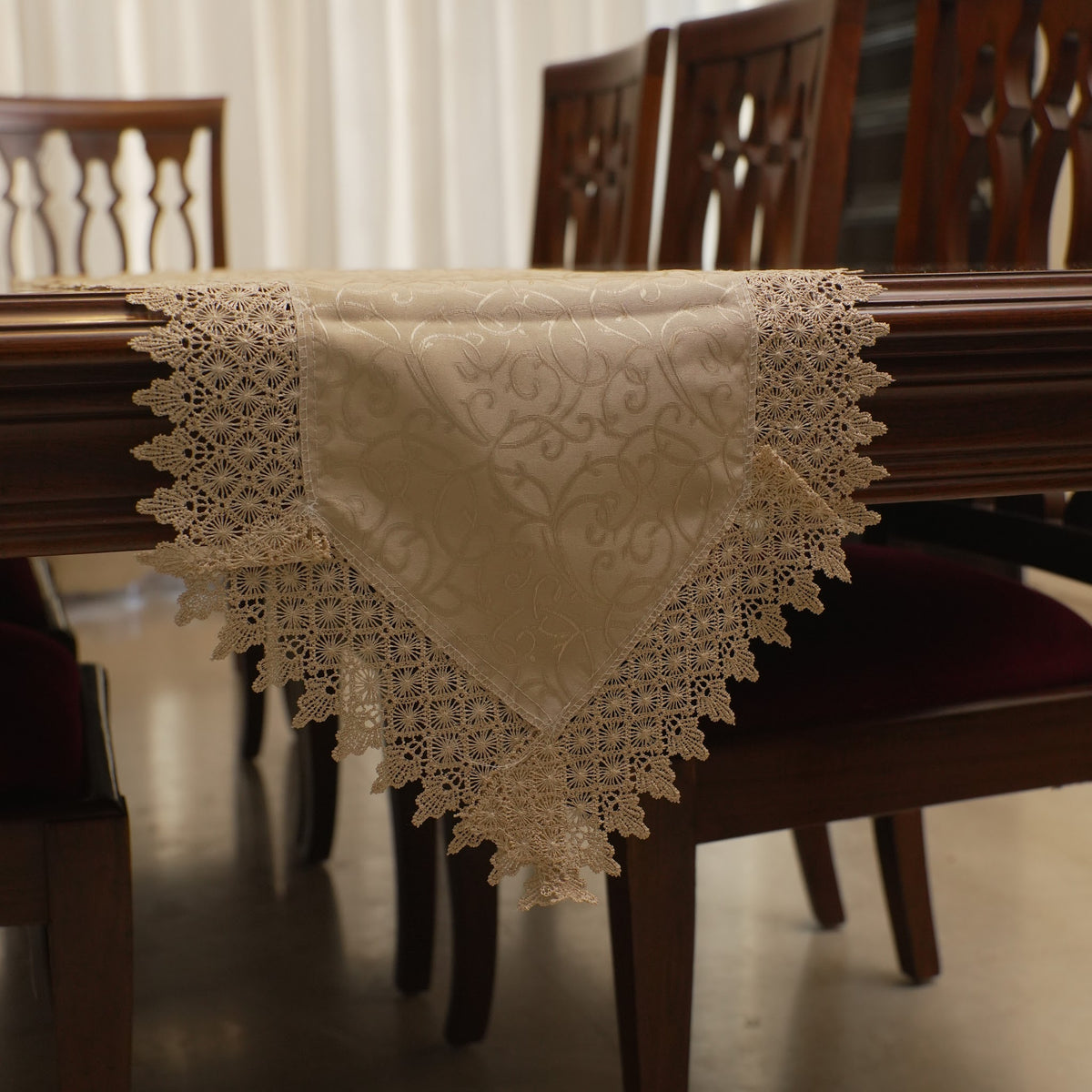 Gold Damask Jacquard Lace Border Table Runner (Long)
