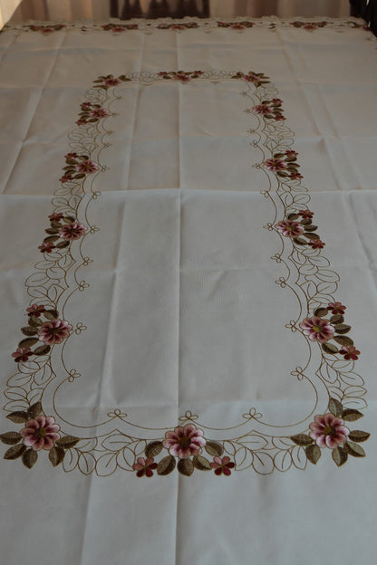 Maroon & Pink Floral Embroidered Cutwork White Table Sheet (6 Seater)