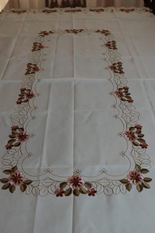 Maroon & Pink Floral Embroidered Cutwork White Table Sheet (6 Seater)