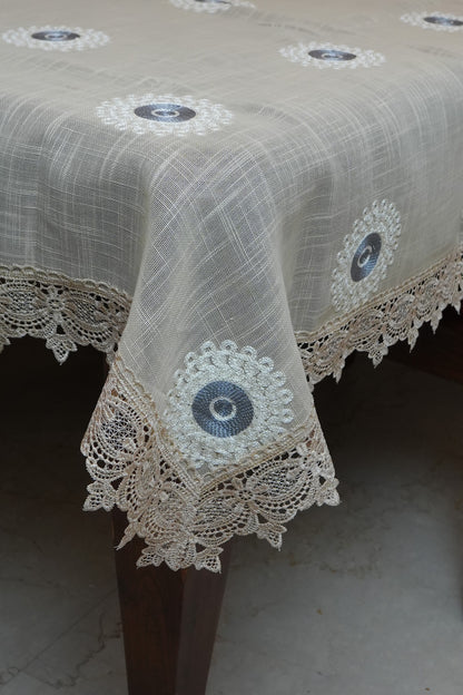Beige Linen Table Sheet with Blue Medallion Embroidery & Lace Border (6 Seater)