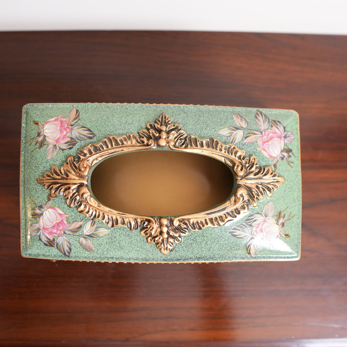 Sage Green Rose Ceramic Tissue Box with Gold Baroque Base