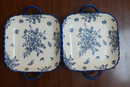 Indigo Rose Ceramic Square Platter with Handles Set of 2