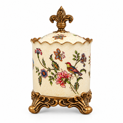 Ivory Floral Ceramic Lidded Canister with Gold Feet