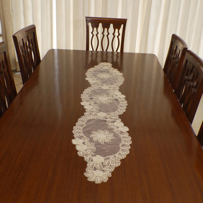 Beige Lace Rose Sheer Table Runner (Long)