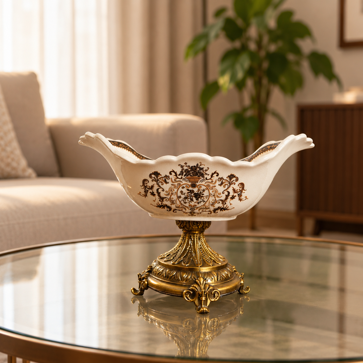 Ivory Baroque Ceramic Centerpiece Bowl with Gold Pedestal