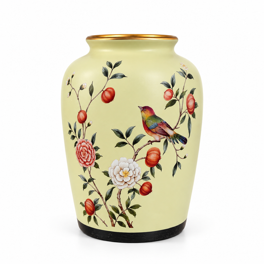 Cream Pomegranate & Bird Wide-Mouth Ceramic Vase
