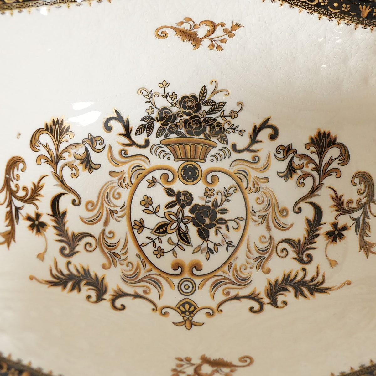 Ivory Baroque Ceramic Centerpiece Bowl with Gold Pedestal