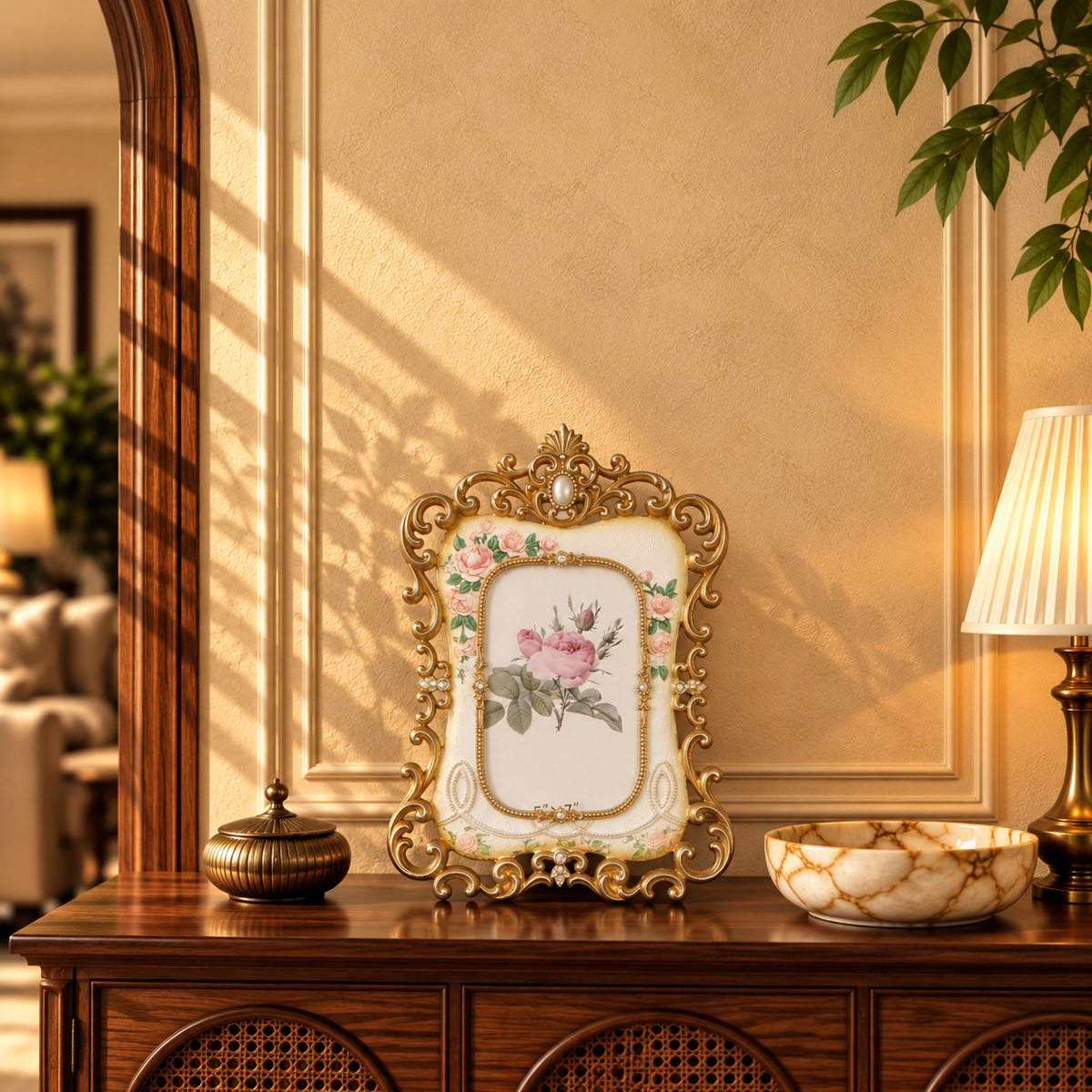Ivory & Champagne Gold Rose Garland Photo Frame