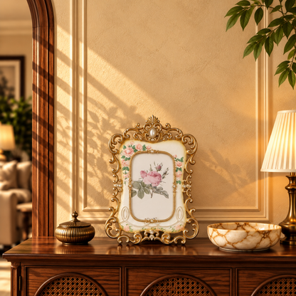 Ivory & Champagne Gold Rose Garland Photo Frame