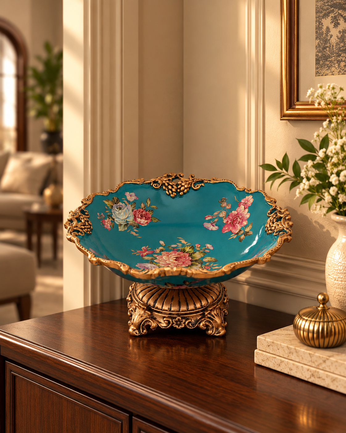 Teal Floral Ceramic Centerpiece Bowl on Gold Stand